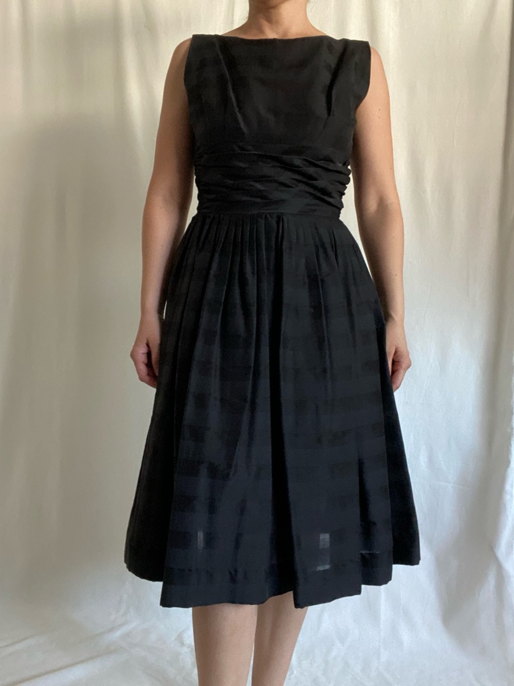 Vintage 50s Black Ruched Waist Fit and Flare Cocktail Dress Size Small